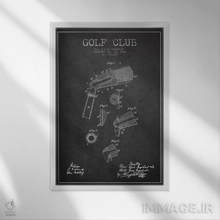 تابلو نقشهٔ ثبت اختراع چوب گلف (زغالسنگی) اثر پیکسل کهنه (استودیو/نام هنری) - نمای قابدار سفید