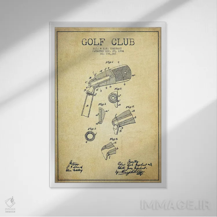 تابلو نقشهٔ ثبت اختراع چوب گلف قدیمی اثر پیکسل کهنه (استودیو/نام هنری) - نمای قابدار سفید