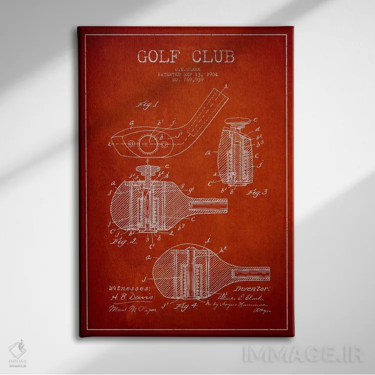 تابلو نقشهٔ ثبت اختراع چوب گلف (قرمز) اثر پیکسل کهنه (استودیو/نام هنری) - نمای روبهرو روی دیوار