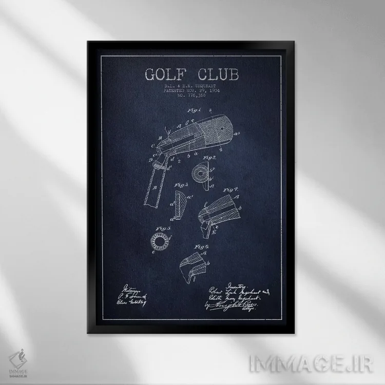 تابلو نقشهٔ ثبت اختراع چوب گلف (آبی سرمهای) اثر پیکسل کهنه (استودیو/نام هنری) - نمای قابدار مشکی