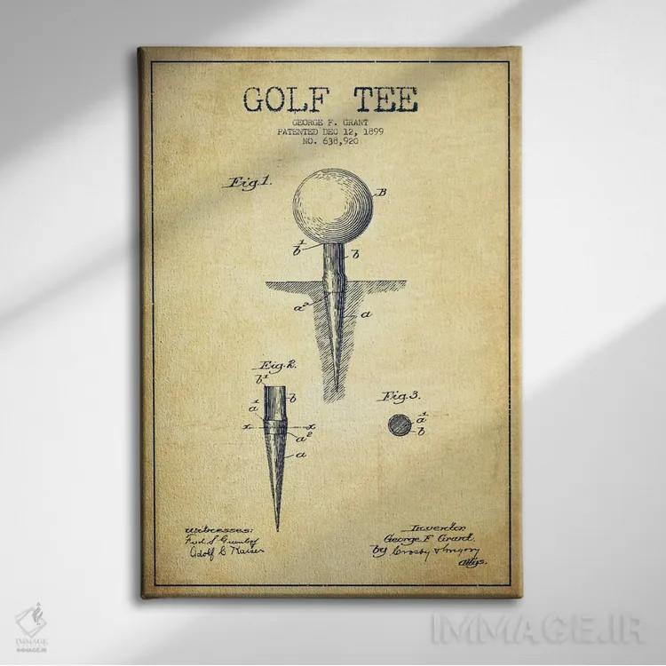 تابلو نقشهٔ ثبت اختراع پایه توپ گلف قدیمی اثر پیکسل کهنه (استودیو/نام هنری) - نمای روبهرو روی دیوار