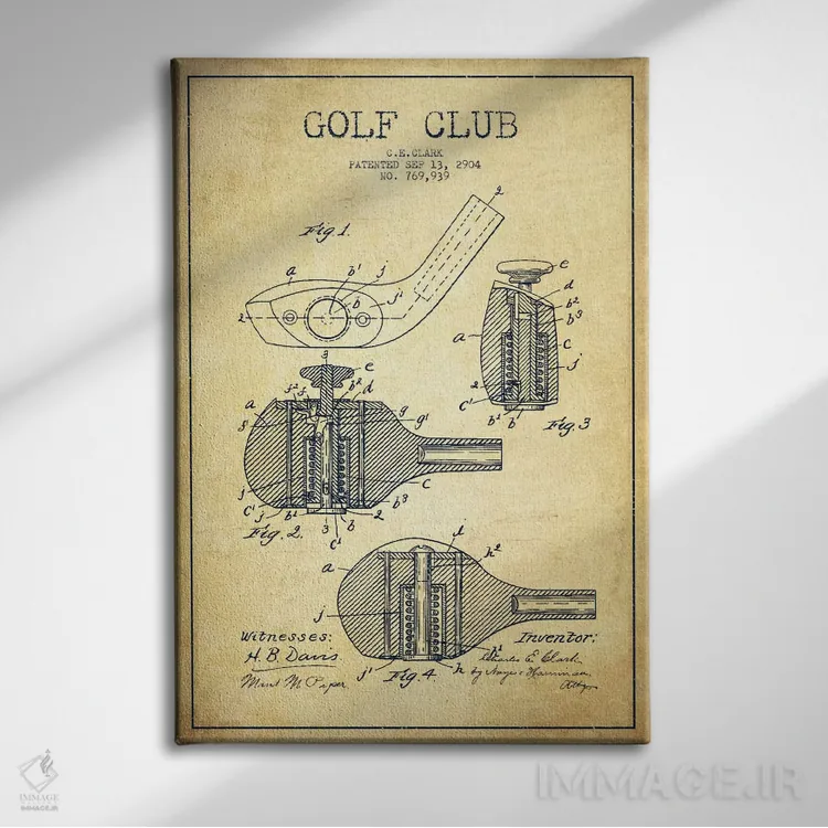 تابلو نقشهٔ ثبت اختراع چوب گلف قدیمی اثر پیکسل کهنه (استودیو/نام هنری) - نمای روبهرو روی دیوار