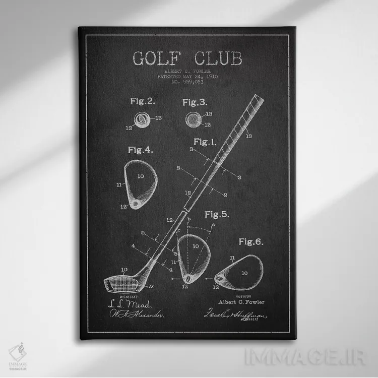 تابلو نقشهٔ ثبت اختراع چوب گلف (زغالسنگی) اثر پیکسل کهنه (استودیو/نام هنری) - نمای روبهرو روی دیوار