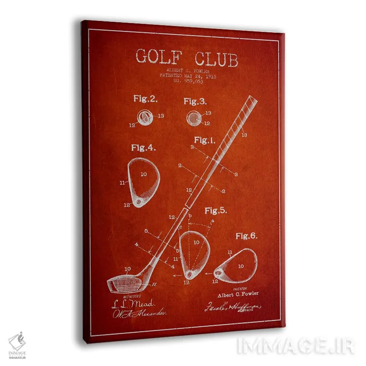 تابلو نقشهٔ ثبت اختراع چوب گلف (قرمز) اثر پیکسل کهنه (استودیو/نام هنری) - نمای پرسپکتیو محصول