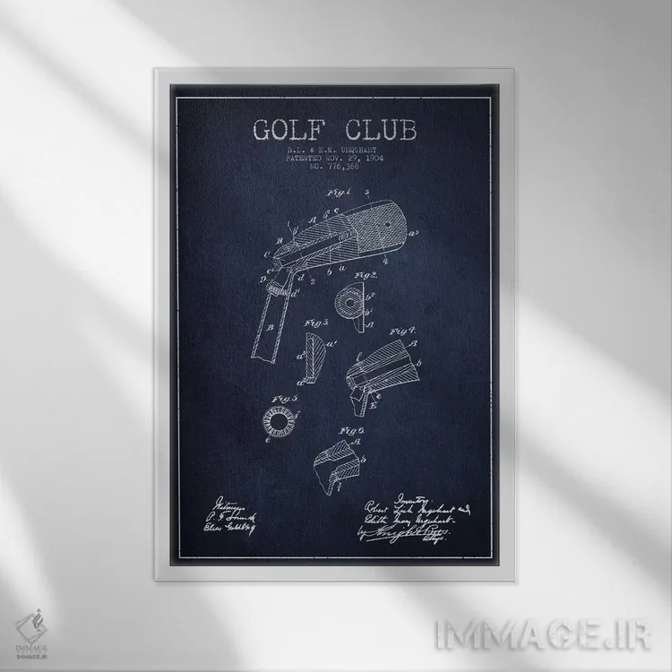 تابلو نقشهٔ ثبت اختراع چوب گلف (آبی سرمهای) اثر پیکسل کهنه (استودیو/نام هنری) - نمای قابدار سفید