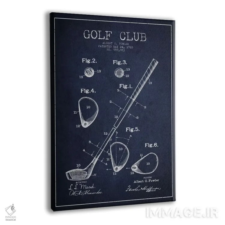 تابلو نقشهٔ ثبت اختراع چوب گلف (آبی سرمهای) اثر پیکسل کهنه (استودیو/نام هنری) - نمای پرسپکتیو محصول