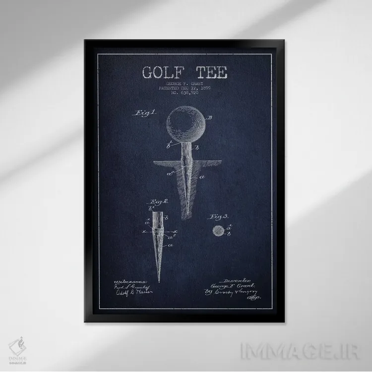 تابلو نقشهٔ ثبت اختراع پایه توپ گلف (آبی سرمهای) اثر پیکسل کهنه (استودیو/نام هنری) - نمای قابدار مشکی