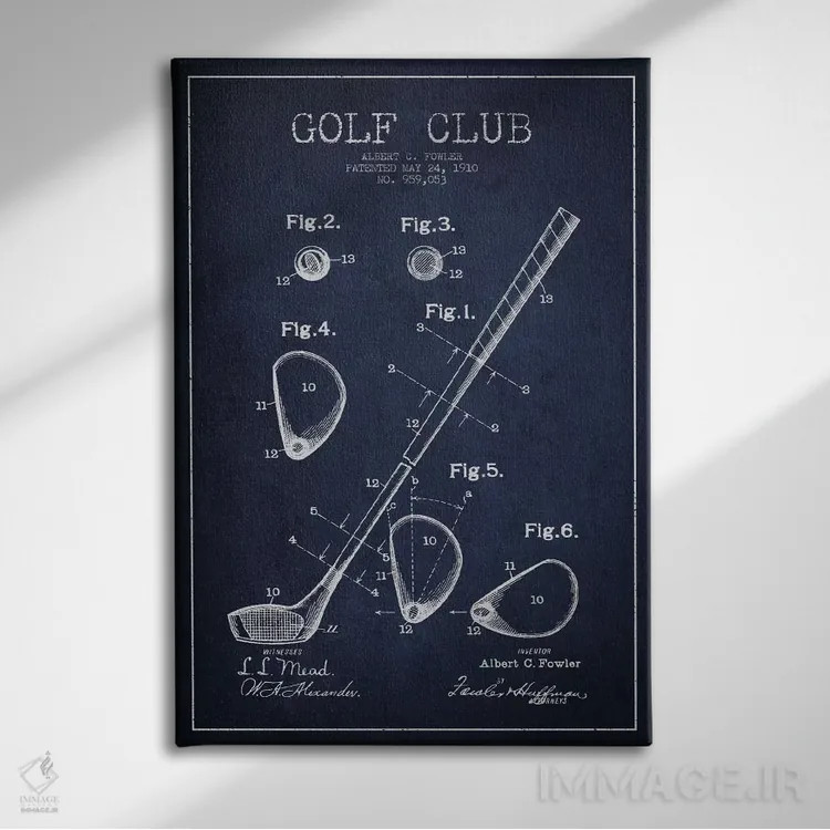 تابلو نقشهٔ ثبت اختراع چوب گلف (آبی سرمهای) اثر پیکسل کهنه (استودیو/نام هنری) - نمای روبهرو روی دیوار