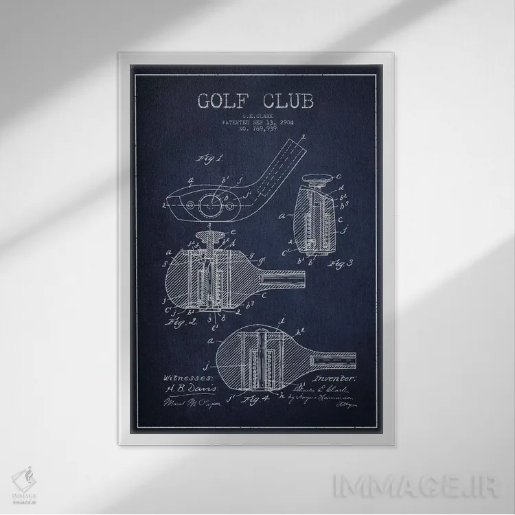 تابلو نقشهٔ ثبت اختراع چوب گلف (آبی سرمهای) اثر پیکسل کهنه (استودیو/نام هنری) - نمای قابدار سفید