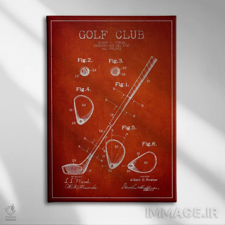 تابلو نقشهٔ ثبت اختراع چوب گلف (قرمز) اثر پیکسل کهنه (استودیو/نام هنری) - نمای روبهرو روی دیوار
