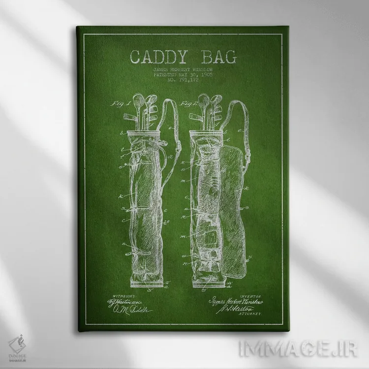تابلو نقشهٔ ثبت اختراع کیف حمل گلف (سبز) اثر پیکسل کهنه (استودیو/نام هنری) - نمای روبهرو روی دیوار