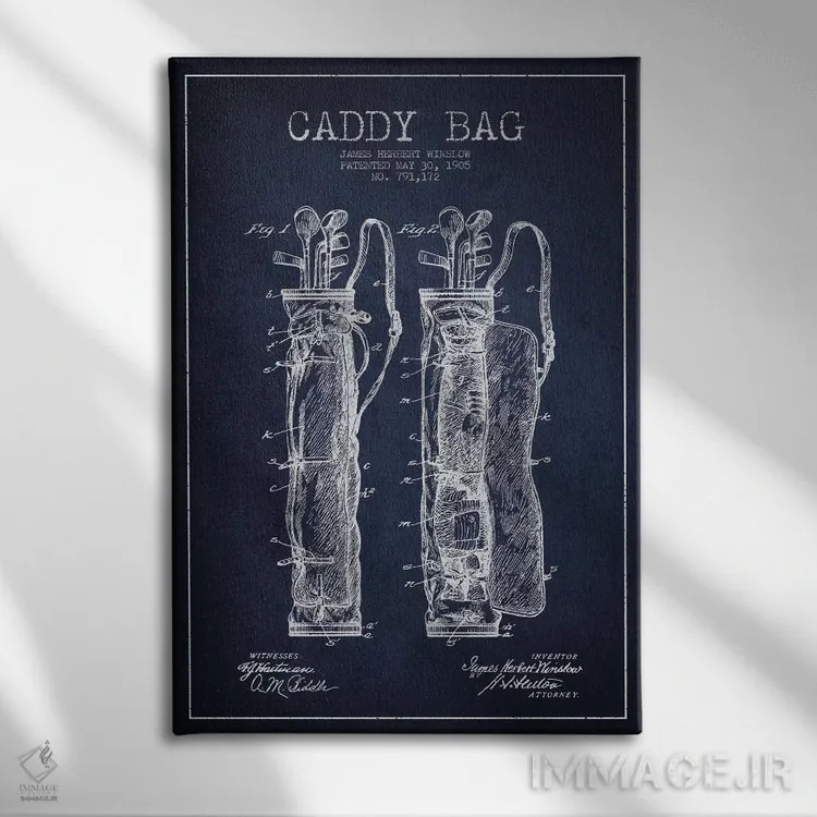 تابلو نقشهٔ ثبت اختراع کیف حمل گلف (آبی سرمهای) اثر پیکسل کهنه (استودیو/نام هنری) - نمای روبهرو روی دیوار