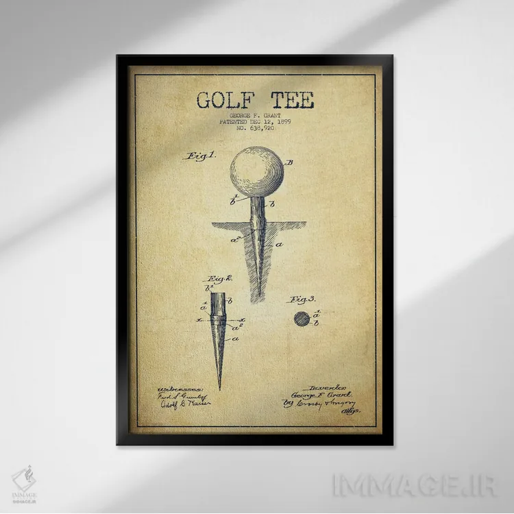 تابلو نقشهٔ ثبت اختراع پایه توپ گلف قدیمی اثر پیکسل کهنه (استودیو/نام هنری) - نمای قابدار مشکی