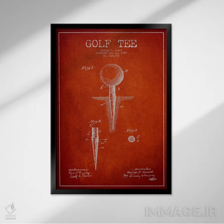 تابلو نقشهٔ ثبت اختراع پایه توپ گلف (قرمز) اثر پیکسل کهنه (استودیو/نام هنری) - نمای قابدار مشکی