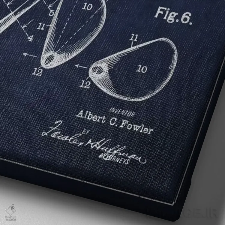 تابلو نقشهٔ ثبت اختراع چوب گلف (آبی سرمهای) اثر پیکسل کهنه (استودیو/نام هنری) - نمای نزدیک بافت بوم