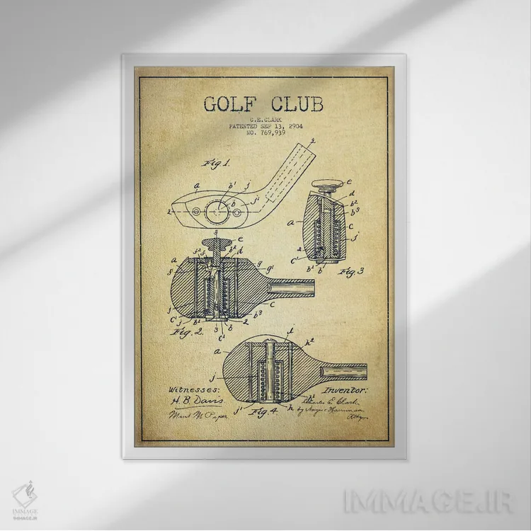 تابلو نقشهٔ ثبت اختراع چوب گلف قدیمی اثر پیکسل کهنه (استودیو/نام هنری) - نمای قابدار سفید