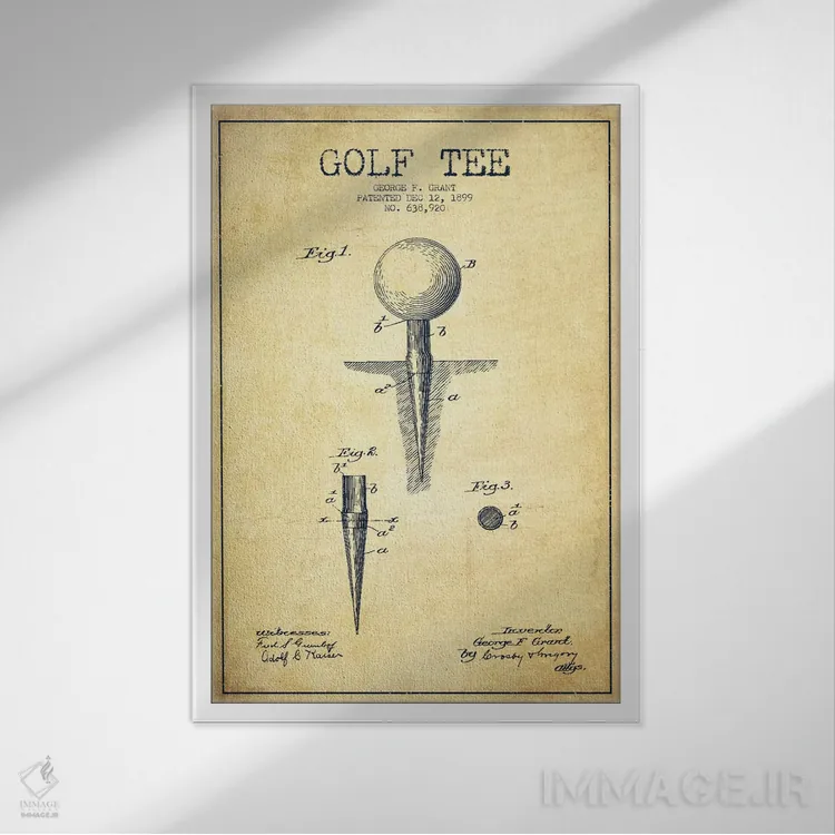 تابلو نقشهٔ ثبت اختراع پایه توپ گلف قدیمی اثر پیکسل کهنه (استودیو/نام هنری) - نمای قابدار سفید