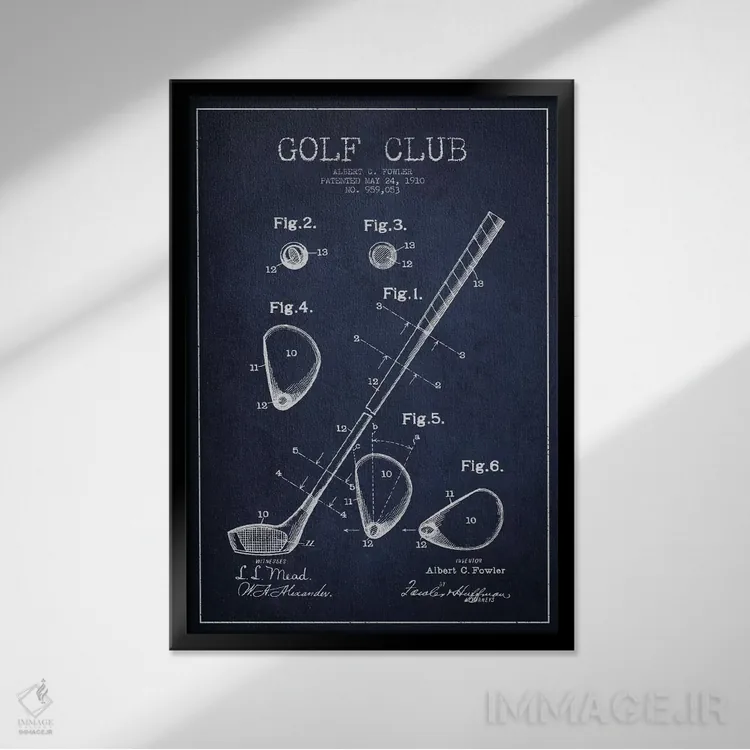 تابلو نقشهٔ ثبت اختراع چوب گلف (آبی سرمهای) اثر پیکسل کهنه (استودیو/نام هنری) - نمای قابدار مشکی