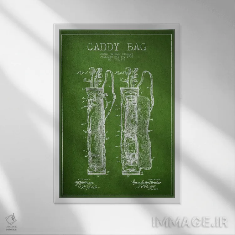 تابلو نقشهٔ ثبت اختراع کیف حمل گلف (سبز) اثر پیکسل کهنه (استودیو/نام هنری) - نمای قابدار سفید