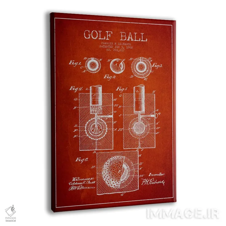 تابلو نقشهٔ ثبت اختراع توپ گلف (قرمز) اثر پیکسل کهنه (استودیو/نام هنری) - نمای پرسپکتیو محصول