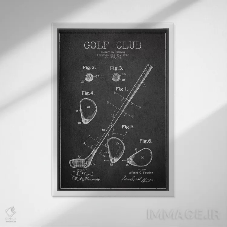 تابلو نقشهٔ ثبت اختراع چوب گلف (زغالسنگی) اثر پیکسل کهنه (استودیو/نام هنری) - نمای قابدار سفید