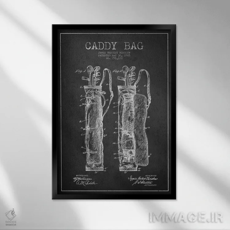 تابلو نقشهٔ ثبت اختراع کیف حمل گلف (زغالسنگی) اثر پیکسل کهنه (استودیو/نام هنری) - نمای قابدار مشکی