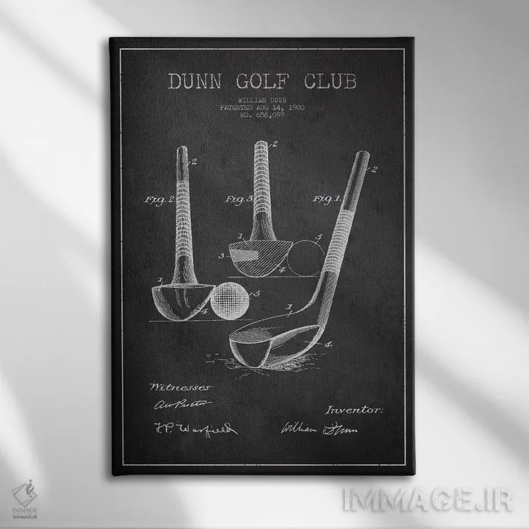 تابلو نقشهٔ ثبت اختراع چوب گلف دان (زغالسنگی) اثر پیکسل کهنه (استودیو/نام هنری) - نمای روبهرو روی دیوار