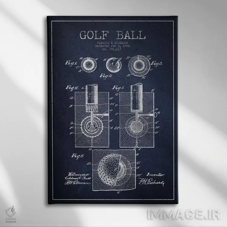 تابلو نقشهٔ ثبت اختراع توپ گلف (آبی سرمهای) اثر پیکسل کهنه (استودیو/نام هنری) - نمای روبهرو روی دیوار