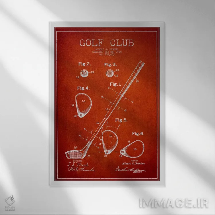 تابلو نقشهٔ ثبت اختراع چوب گلف (قرمز) اثر پیکسل کهنه (استودیو/نام هنری) - نمای قابدار سفید
