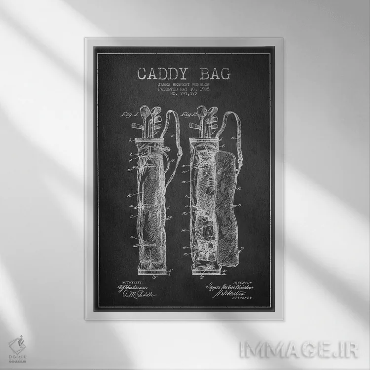تابلو نقشهٔ ثبت اختراع کیف حمل گلف (زغالسنگی) اثر پیکسل کهنه (استودیو/نام هنری) - نمای قابدار سفید
