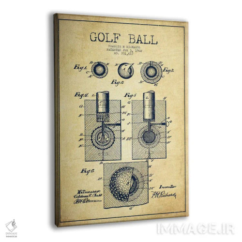 تابلو نقشهٔ ثبت اختراع توپ گلف قدیمی اثر پیکسل کهنه (استودیو/نام هنری) - نمای پرسپکتیو محصول
