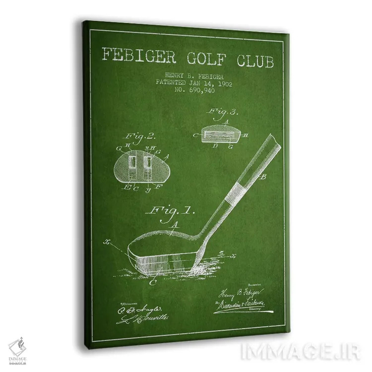 تابلو نقشهٔ ثبت اختراع چوب گلف فیبیگر (سبز) اثر پیکسل کهنه (استودیو/نام هنری) - نمای پرسپکتیو محصول