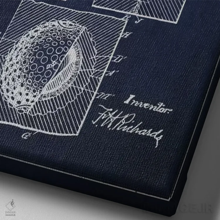 تابلو نقشهٔ ثبت اختراع توپ گلف (آبی سرمهای) اثر پیکسل کهنه (استودیو/نام هنری) - نمای نزدیک بافت بوم