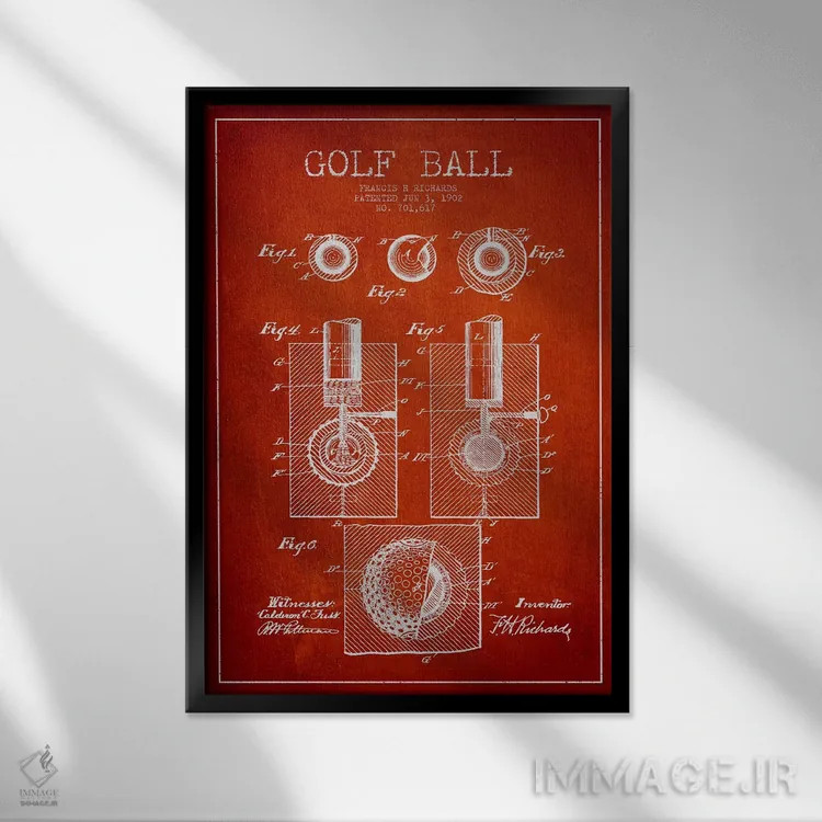 تابلو نقشهٔ ثبت اختراع توپ گلف (قرمز) اثر پیکسل کهنه (استودیو/نام هنری) - نمای قابدار مشکی