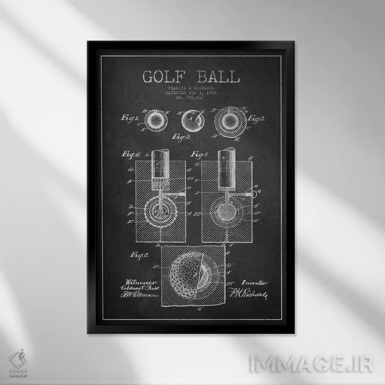 تابلو نقشهٔ ثبت اختراع توپ گلف (زغالسنگی) اثر پیکسل کهنه (استودیو/نام هنری) - نمای قابدار مشکی