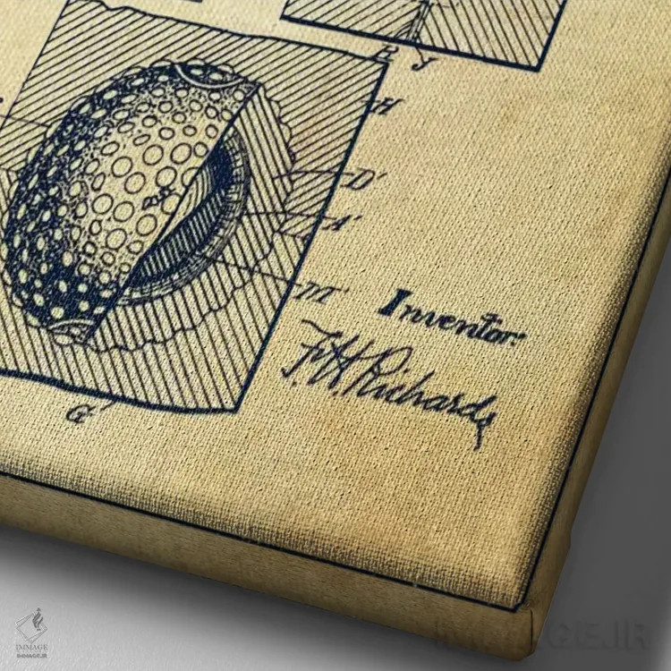 تابلو نقشهٔ ثبت اختراع توپ گلف قدیمی اثر پیکسل کهنه (استودیو/نام هنری) - نمای نزدیک بافت بوم