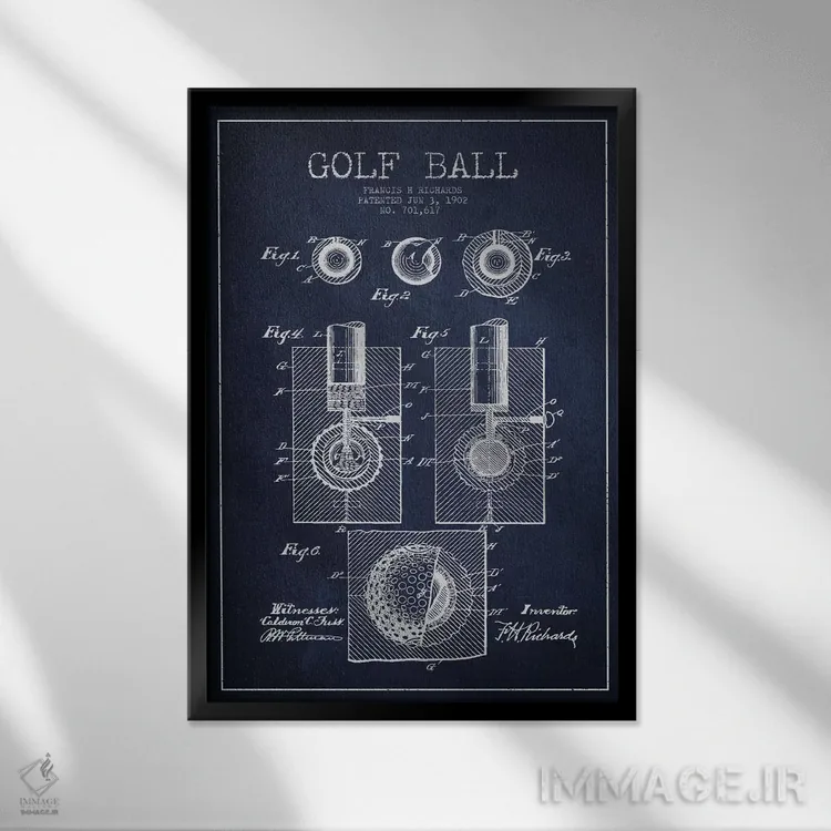 تابلو نقشهٔ ثبت اختراع توپ گلف (آبی سرمهای) اثر پیکسل کهنه (استودیو/نام هنری) - نمای قابدار مشکی