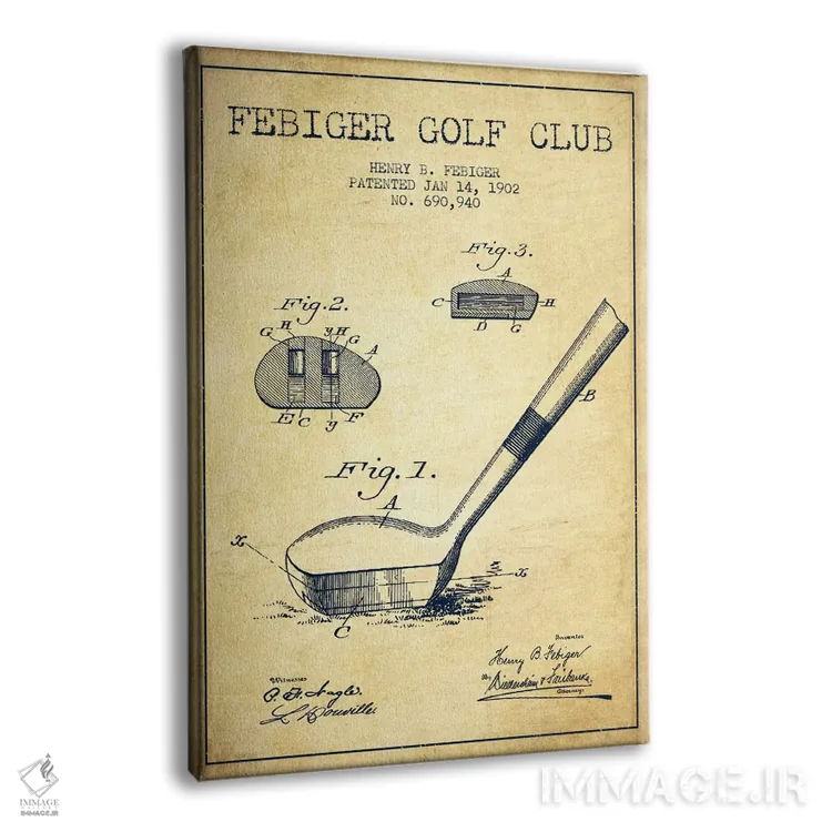 تابلو نقشهٔ ثبت اختراع چوب گلف فیبیگر قدیمی اثر پیکسل کهنه (استودیو/نام هنری) - نمای پرسپکتیو محصول