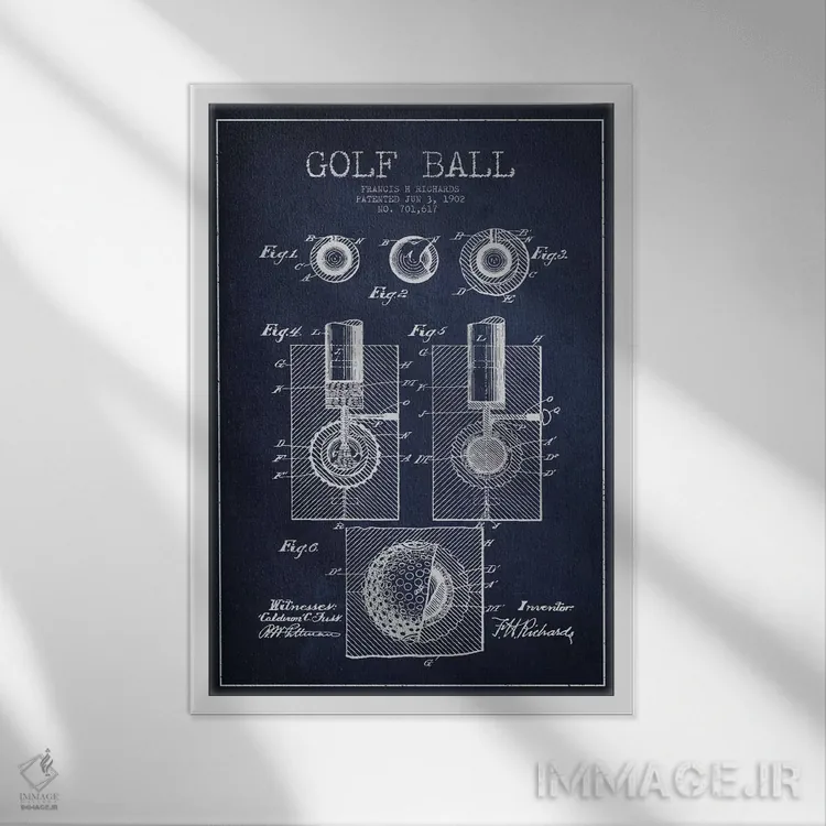 تابلو نقشهٔ ثبت اختراع توپ گلف (آبی سرمهای) اثر پیکسل کهنه (استودیو/نام هنری) - نمای قابدار سفید