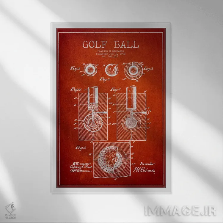 تابلو نقشهٔ ثبت اختراع توپ گلف (قرمز) اثر پیکسل کهنه (استودیو/نام هنری) - نمای قابدار سفید