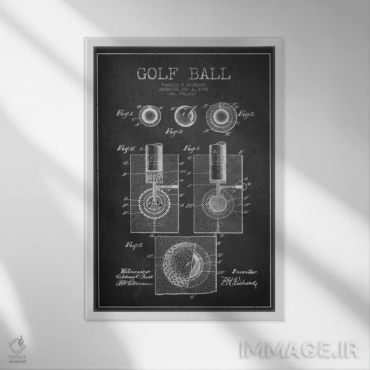 تابلو نقشهٔ ثبت اختراع توپ گلف (زغالسنگی) اثر پیکسل کهنه (استودیو/نام هنری) - نمای قابدار سفید