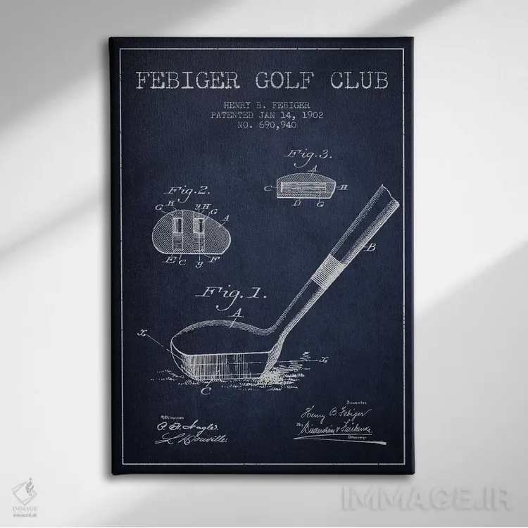 تابلو نقشهٔ ثبت اختراع چوب گلف فیبیگر (آبی سرمهای) اثر پیکسل کهنه (استودیو/نام هنری) - نمای روبهرو روی دیوار