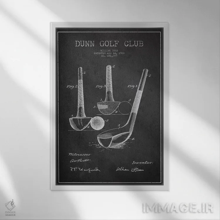 تابلو نقشهٔ ثبت اختراع چوب گلف دان (زغالسنگی) اثر پیکسل کهنه (استودیو/نام هنری) - نمای قابدار سفید