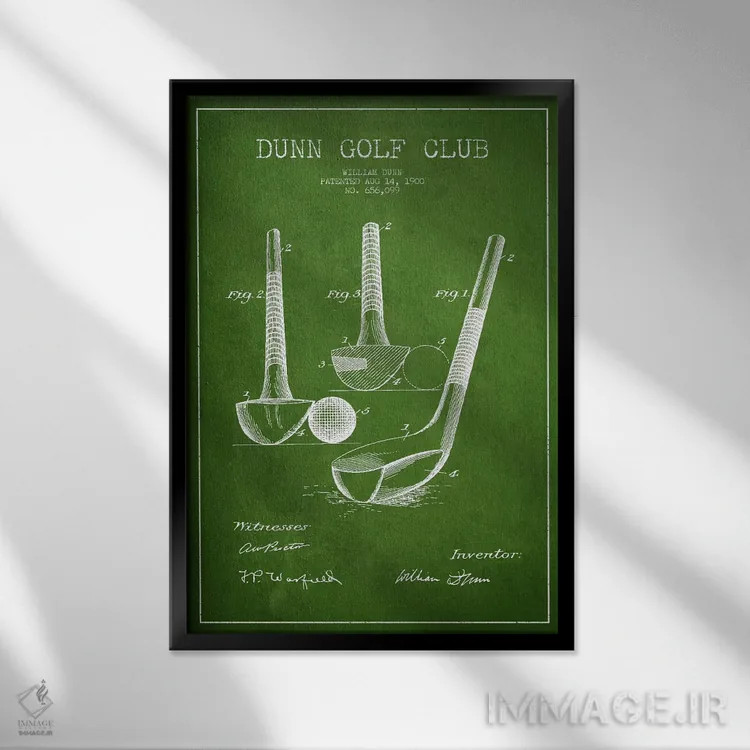 تابلو نقشهٔ ثبت اختراع چوب گلف دان (سبز) اثر پیکسل کهنه (استودیو/نام هنری) - نمای قابدار مشکی