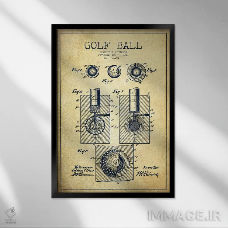 تابلو نقشهٔ ثبت اختراع توپ گلف قدیمی اثر پیکسل کهنه (استودیو/نام هنری) - نمای قابدار مشکی