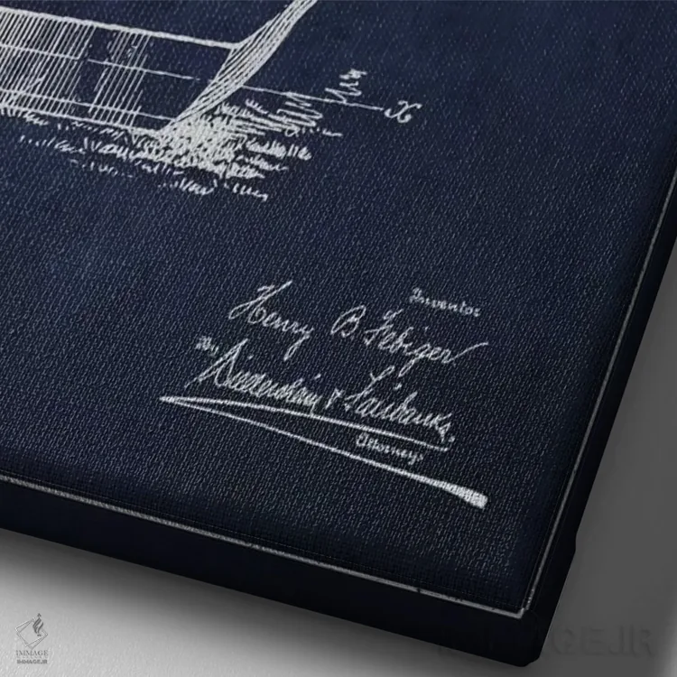 تابلو نقشهٔ ثبت اختراع چوب گلف فیبیگر (آبی سرمهای) اثر پیکسل کهنه (استودیو/نام هنری) - نمای نزدیک بافت بوم