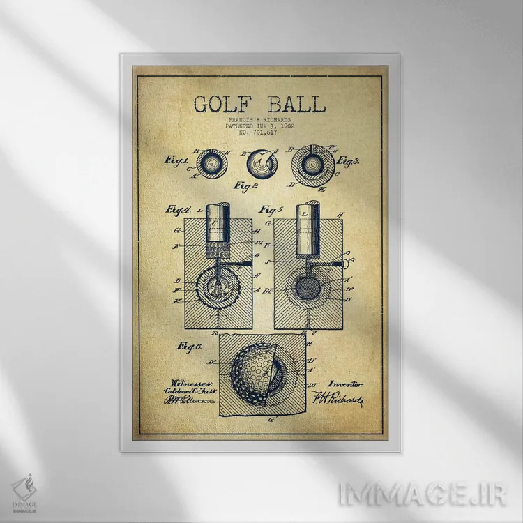 تابلو نقشهٔ ثبت اختراع توپ گلف قدیمی اثر پیکسل کهنه (استودیو/نام هنری) - نمای قابدار سفید