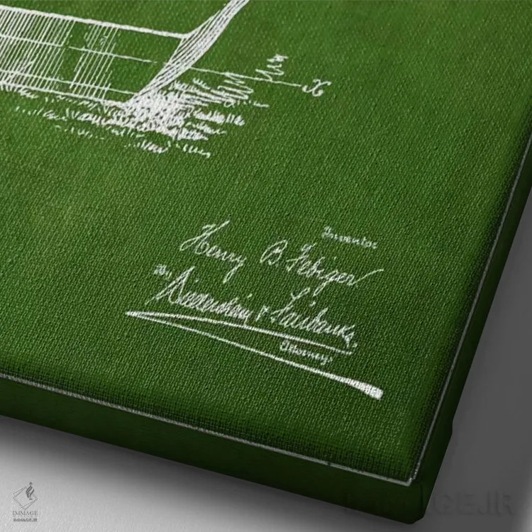 تابلو نقشهٔ ثبت اختراع چوب گلف فیبیگر (سبز) اثر پیکسل کهنه (استودیو/نام هنری) - نمای نزدیک بافت بوم