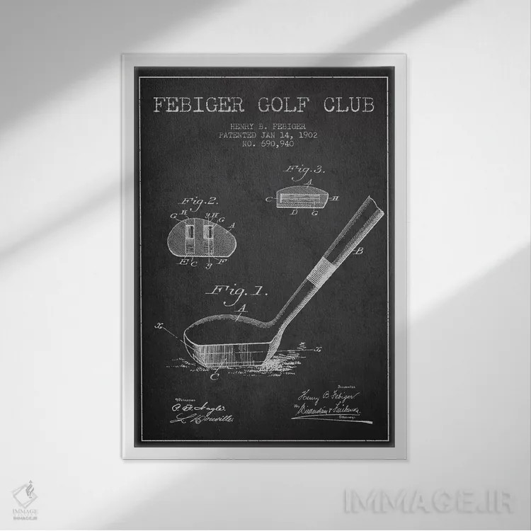 تابلو نقشهٔ ثبت اختراع چوب گلف فیبیگر (زغالسنگی) اثر پیکسل کهنه (استودیو/نام هنری) - نمای قابدار سفید