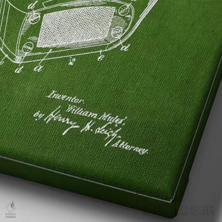 تابلو نقشهٔ ثبت اختراع چوب گلف مولز (سبز) اثر پیکسل کهنه (استودیو/نام هنری) - نمای نزدیک بافت بوم